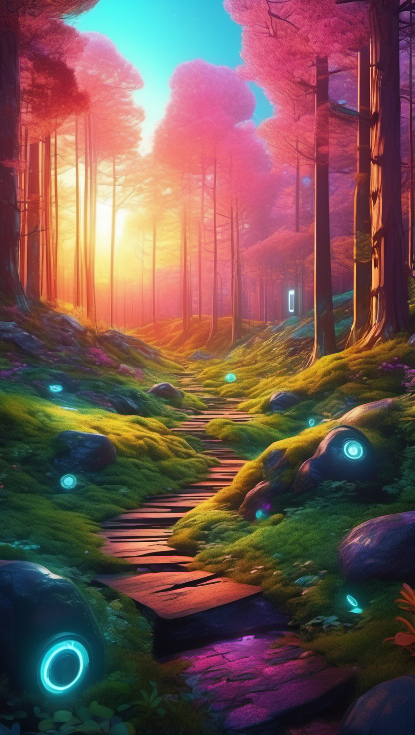 환상적인 빛의 숲길, 환상적인 숲, 신비로운 빛, 분홍빛 나무, Glowing path, Fantasy, Dreamy