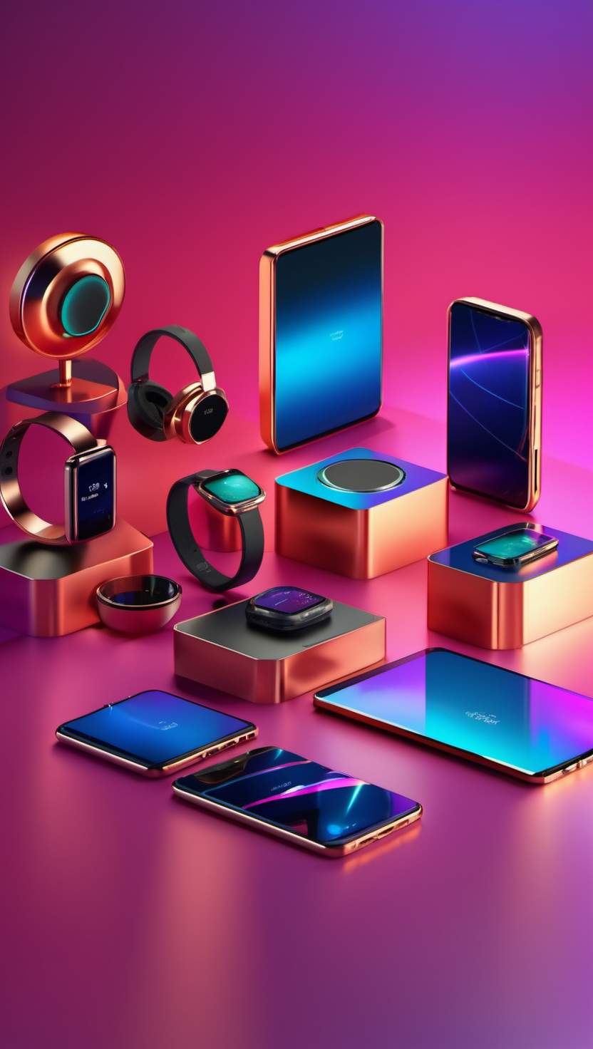 세련된 스마트 기기 컬렉션, 스마트 기기, 테크놀로지, 미래지향적, 골드 에디션, 그라데이션 화면, 모던 디자인