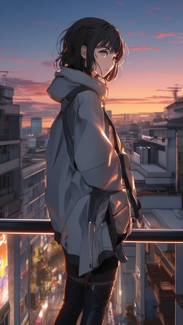 황혼의 도시를 바라보는 소녀