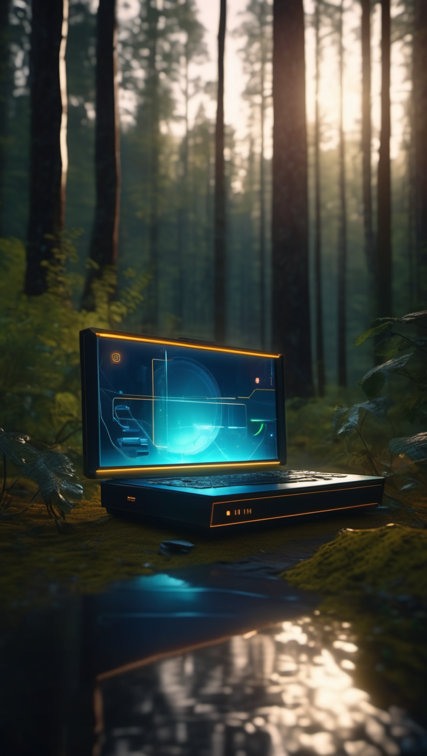 숲 속의 미래형 노트북: 자연과 기술의 조화, 미래형 노트북, 숲, 자연, 기술, Glowing laptop, 디지털 아트